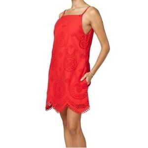 Organic Cotton Cleobella Red Eyelet Mini Dress Scalloped Hem XS